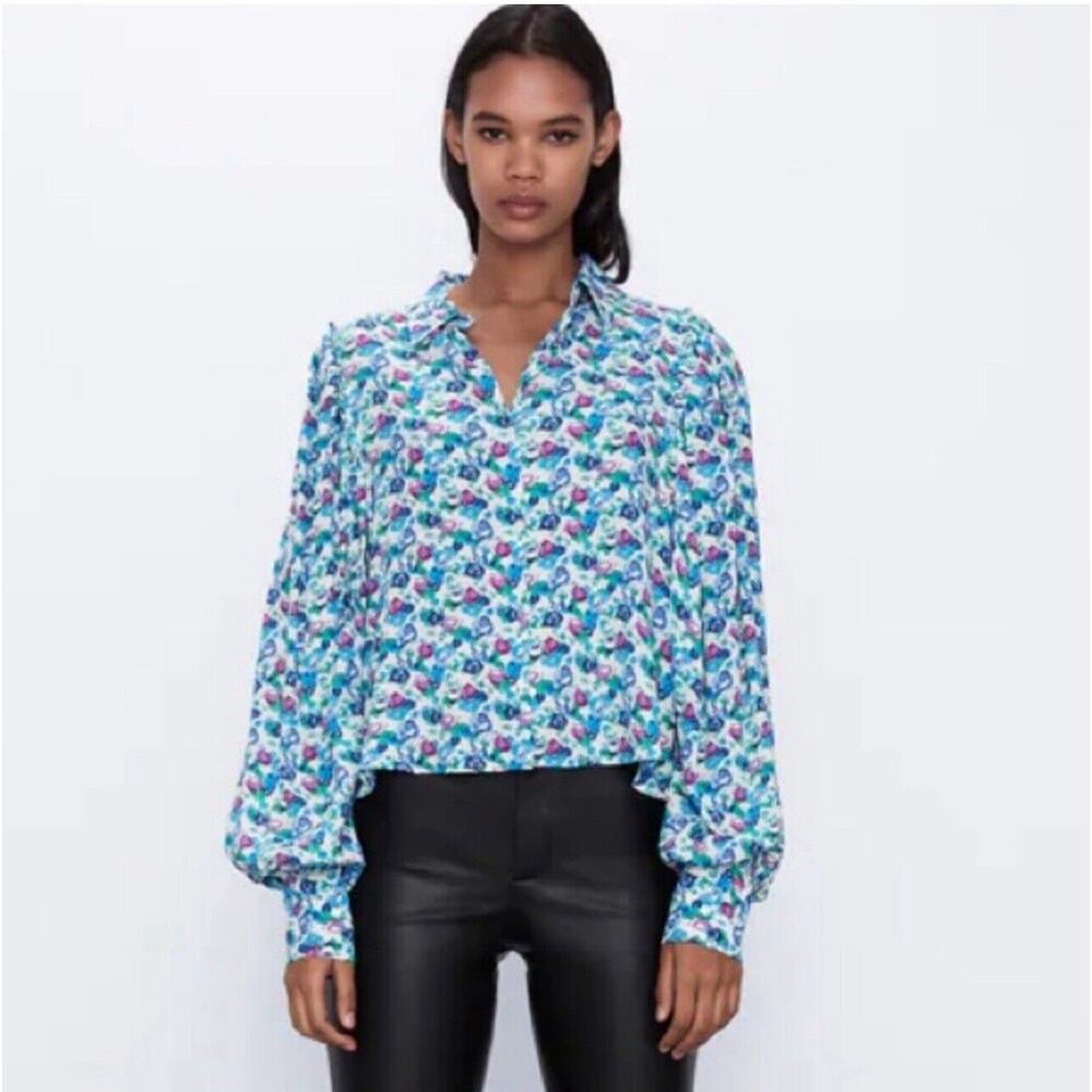 Zara Floral Women’s M Blouse Multicolor‎ Puff Long Sleeve Button Front Cottage